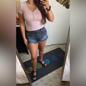 Pink Rose - Mauve Pink Ribbed Crop Top With Buttons - Size Medium